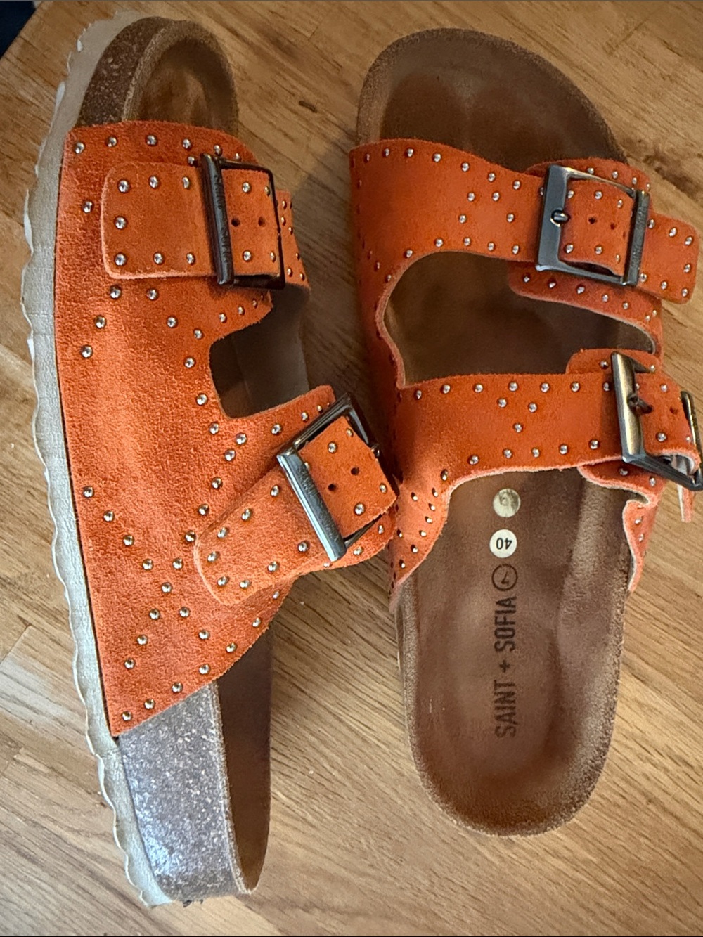 SAINT + SOFIA Orange Studded Double-Buckle Suede Sandals